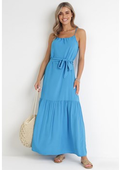 Niebieska Rozkloszowana Sukienka Maxi na Ramiączkach Awlia ze sklepu Born2be Odzież w kategorii Sukienki - zdjęcie 155937791