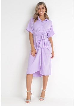 Fioletowa Koszulowa Sukienka Midi z Ozdobnym Wiązaniem i Marszczeniem Eudolia ze sklepu Born2be Odzież w kategorii Sukienki - zdjęcie 155937864