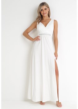 Biała Sukienka Rozkloszowana Maxi z Paskiem w Cyrkonie i Wycięciem Neorise ze sklepu Born2be Odzież w kategorii Sukienki - zdjęcie 155937884