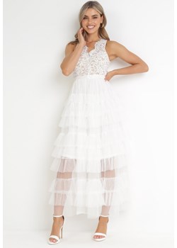 Biała Sukienka Maxi z Tiulowym Dołem i Koronkową Górą Deliva ze sklepu Born2be Odzież w kategorii Sukienki - zdjęcie 155990114