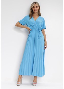 Niebieska Sukienka Plisowana Maxi z Wiązanym Paskiem Dianiza ze sklepu Born2be Odzież w kategorii Sukienki - zdjęcie 156019614