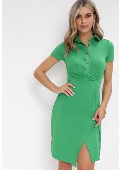Zielona Sukienka z Kołnierzykiem Polo i Ozdobną Zakładką Baimune ze sklepu Born2be Odzież w kategorii Sukienki - zdjęcie 156022724