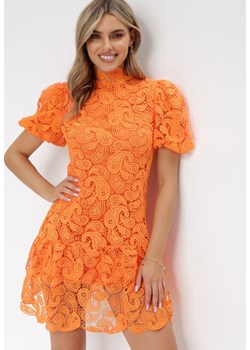 Pomarańczowa Koronowa Sukienka ze Stójką i Bufiastym Rękawem Suminori ze sklepu Born2be Odzież w kategorii Sukienki - zdjęcie 156022831