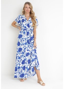 Niebieska Sukienka Maxi z Gumką i Wiązaniem w Talii z Wiskozy Aspasia ze sklepu Born2be Odzież w kategorii Sukienki - zdjęcie 156022951