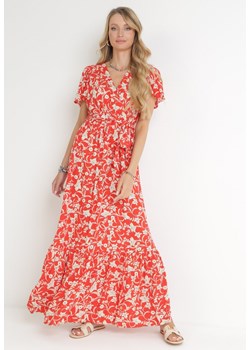 Czerwona Sukienka Maxi z Gumką w Pasie w Kwiaty  Aretocia ze sklepu Born2be Odzież w kategorii Sukienki - zdjęcie 156022961