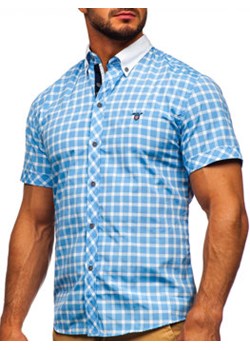 Koszula męska elegancka w kratę z krótkim rękawem błękitna Bolf 5531 ze sklepu Denley w kategorii Koszule męskie - zdjęcie 156087940