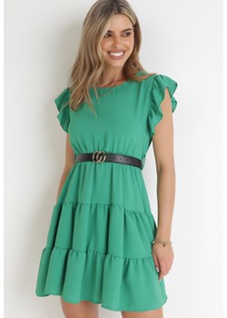 Zielona Sukienka z Gumką i Paskiem w Talii Ozdobiona Falbankami Deliga ze sklepu Born2be Odzież w kategorii Sukienki - zdjęcie 156131920
