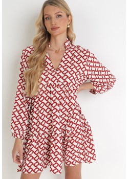 Biało-Czerwona Wzorzysta Sukienka Mini z Falbanką i Głębokim Dekoltem Neorria ze sklepu Born2be Odzież w kategorii Sukienki - zdjęcie 156204561