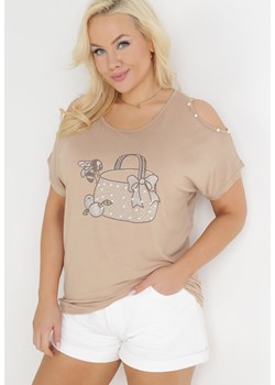 Beżowa Bluzka Oversize z Nadrukiem i Cyrkoniami Gerris ze sklepu Born2be Odzież w kategorii Bluzki damskie - zdjęcie 156246153
