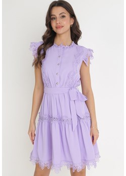 Fioletowa Rozkloszowana Sukienka Mini z Koronką i Wiązanym Paskiem Wikeen ze sklepu Born2be Odzież w kategorii Sukienki - zdjęcie 156252234