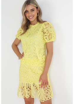 Żółta Koronkowa Bluzka z Krótkimi Rękawami Draizy ze sklepu Born2be Odzież w kategorii Bluzki damskie - zdjęcie 156272801