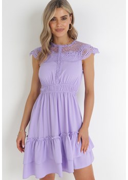 Fioletowa Koronkowa Sukienka Mini z Gumką w Pasie i Falbanką Difro ze sklepu Born2be Odzież w kategorii Sukienki - zdjęcie 156273004