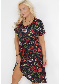 Granatowo-Czerwona Rozkloszowana Sukienka w Kwiaty Pivona ze sklepu Born2be Odzież w kategorii Sukienki - zdjęcie 156821420