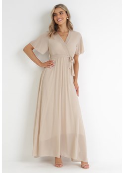 Beżowa Kopertowa Sukienka z Gumką w Pasie i Plisowaną Górą Davitri ze sklepu Born2be Odzież w kategorii Sukienki - zdjęcie 156821782