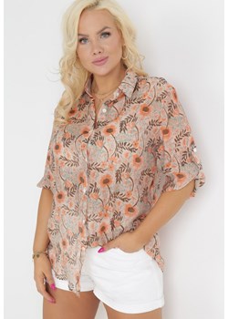 Pomarańczowo-Beżowa Koszula w Kwiaty z Podpinanymi Rękawami 3/4 Rosedris ze sklepu Born2be Odzież w kategorii Koszule damskie - zdjęcie 156821852
