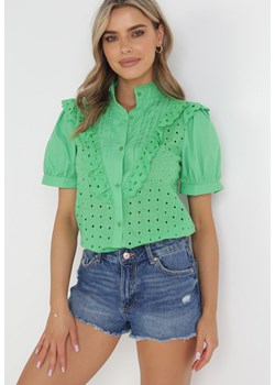 Zielona Koronkowa Koszula ze Stójką i Ozdobnym Haftem Astralee ze sklepu Born2be Odzież w kategorii Koszule damskie - zdjęcie 156880562