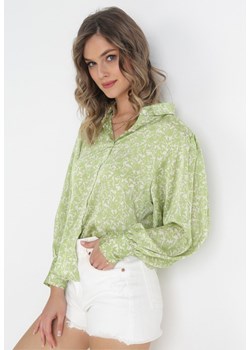 Zielona Koszula w Drobne Kwiatki z Bufiastymi Rękawami Serafine ze sklepu Born2be Odzież w kategorii Koszule damskie - zdjęcie 157025022
