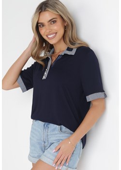 Granatowy T-shirt Polo z Ozdobnymi Taśmami i Cyrkoniami Kythy ze sklepu Born2be Odzież w kategorii Bluzki damskie - zdjęcie 157025114