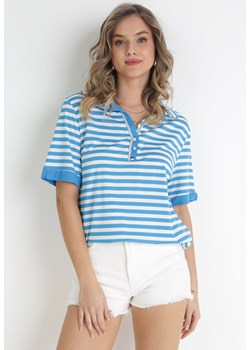 Niebieski T-shirt z Kołnierzykiem Polo w Paski Zalenia ze sklepu Born2be Odzież w kategorii Bluzki damskie - zdjęcie 157025124