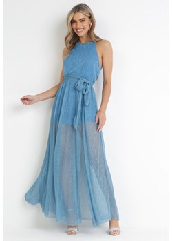 Niebieska Koktajlowa Sukienka z Gumką w Talii z Metaliczną Nicią Lilyan ze sklepu Born2be Odzież w kategorii Sukienki - zdjęcie 157025252