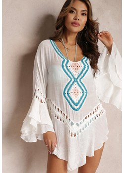 Biała Asymetryczna Narzutka z Ażurowymi Wstawkami i Falbankami Hirisa ze sklepu Renee odzież w kategorii Odzież plażowa - zdjęcie 157054233