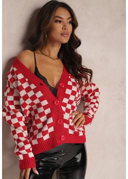 Czerwony Kardigan Oversize w Szachownicę Etaeil ze sklepu Renee odzież w kategorii Swetry damskie - zdjęcie 157075254