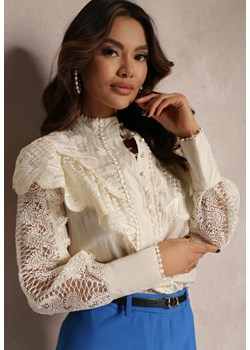 Jasnobeżowa Koszula z Falbanką i Koronką Nido ze sklepu Renee odzież w kategorii Koszule damskie - zdjęcie 157075301