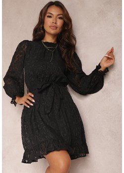 Czarna Sukienka Koronkowa Wiązana w Pasie Crella ze sklepu Renee odzież w kategorii Sukienki - zdjęcie 157075690