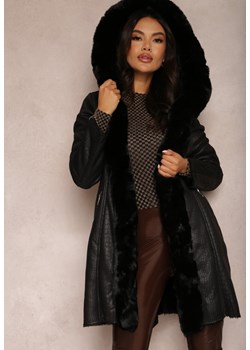 Czarny Płaszcz Taliowany z Futerkiem Raphi ze sklepu Renee odzież w kategorii Płaszcze damskie - zdjęcie 157076303