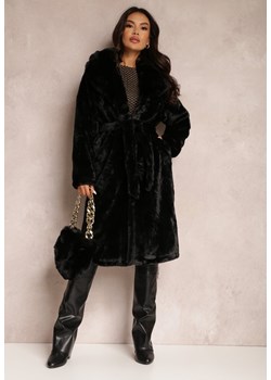 Czarny Płaszcz Futrzany Teddy z Wiązanym Paskiem i Torebką Voda ze sklepu Renee odzież w kategorii Futra damskie - zdjęcie 157076351
