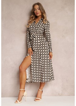 Jasnobeżowa Sukienka Koszulowa w Geometryczny Wzór Fendwe ze sklepu Renee odzież w kategorii Sukienki - zdjęcie 157076714