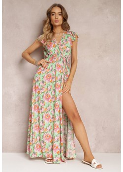 Jasnozielona Sukienka Kopertowa z Gumką w Pasie w Kwiaty Toma ze sklepu Renee odzież w kategorii Sukienki - zdjęcie 157077090