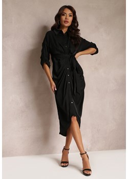 Czarna Sukienka Koszulowa z Wiązanym Paskiem i Marszczeniem Odele ze sklepu Renee odzież w kategorii Sukienki - zdjęcie 157077250