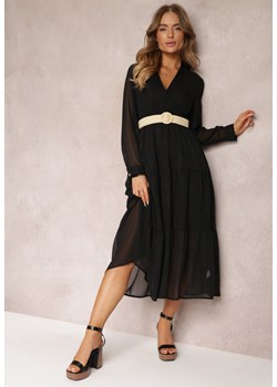 Czarna Sukienka z Kopertowym Dekoltem i Plecionym Paskiem Velo ze sklepu Renee odzież w kategorii Sukienki - zdjęcie 157077331