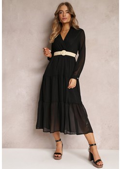 Czarna Sukienka z Kopertowym Dekoltem i Plecionym Paskiem Velo ze sklepu Renee odzież w kategorii Sukienki - zdjęcie 157077332