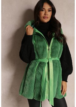 Zielona Kamizelka Futrzana z Wstawkami z Ekoskóry i Kapturem Lemize ze sklepu Renee odzież w kategorii Kamizelki damskie - zdjęcie 157078200