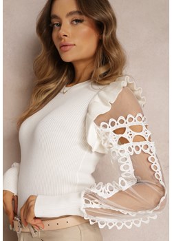 Biały Sweter z Prążkowanej Dzianiny i Koronką Rephi ze sklepu Renee odzież w kategorii Swetry damskie - zdjęcie 157078840