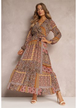 Brązowa Sukienka Rozkloszowana w Patchworkowy Wzór Balmi ze sklepu Renee odzież w kategorii Sukienki - zdjęcie 157079104