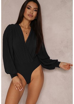 Czarne Body z Bufiastym Rękawem i Kopertowym Dekoltem Cordie ze sklepu Renee odzież w kategorii Bluzki damskie - zdjęcie 157079444