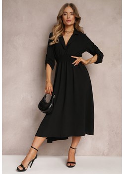 Czarna Sukienka z Kołnierzykiem i Marszczoną Gumką w Talii Niso ze sklepu Renee odzież w kategorii Sukienki - zdjęcie 157079682