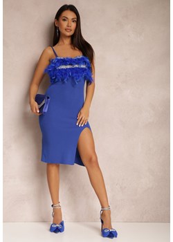 Granatowa Sukienka Dopasowana z Piórkami przy Dekolcie Lefouto ze sklepu Renee odzież w kategorii Sukienki - zdjęcie 157079761
