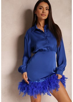 Granatowa Sukienka Satynowa z Piórkami na Dole Abira ze sklepu Renee odzież w kategorii Sukienki - zdjęcie 157079781