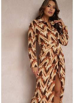 Beżowo-Brązowa Sukienka Kopertowa w Geometryczny Wzór Elavelle ze sklepu Renee odzież w kategorii Sukienki - zdjęcie 157080030