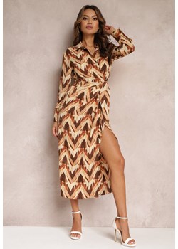Beżowo-Brązowa Sukienka Kopertowa w Geometryczny Wzór Elavelle ze sklepu Renee odzież w kategorii Sukienki - zdjęcie 157080032