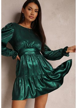 Zielona Sukienka Metaliczna z Bufiastym Rękawem Cany ze sklepu Renee odzież w kategorii Sukienki - zdjęcie 157080042