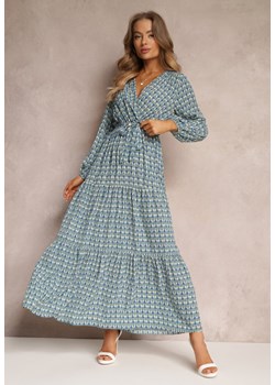Miętowo-Niebieska Sukienka z Kopertowym Dekoltem i Falbaną na Dole Ive ze sklepu Renee odzież w kategorii Sukienki - zdjęcie 157080111