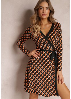 Pomarańczowa Sukienka Kopertowa w Geometryczny Wzór Feozie ze sklepu Renee odzież w kategorii Sukienki - zdjęcie 157080153