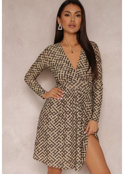 Beżowo-Brązowa Sukienka w Geometryczny Wzór z Metaliczną Nitką Mairol ze sklepu Renee odzież w kategorii Sukienki - zdjęcie 157080181
