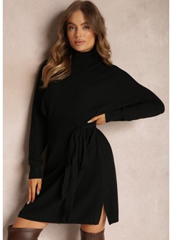Czarna Sukienka Dzianinowa z Golfem i Wiązaniem z Boku Azosy ze sklepu Renee odzież w kategorii Sukienki - zdjęcie 157080321