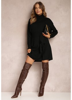 Czarna Sukienka Dzianinowa z Golfem i Wiązaniem z Boku Azosy ze sklepu Renee odzież w kategorii Sukienki - zdjęcie 157080322